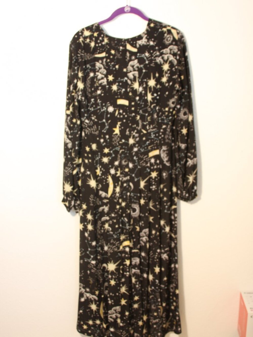 RIXO London Camellia 100% Silk Celestial Moon Star Print Pleated Midi Dress L